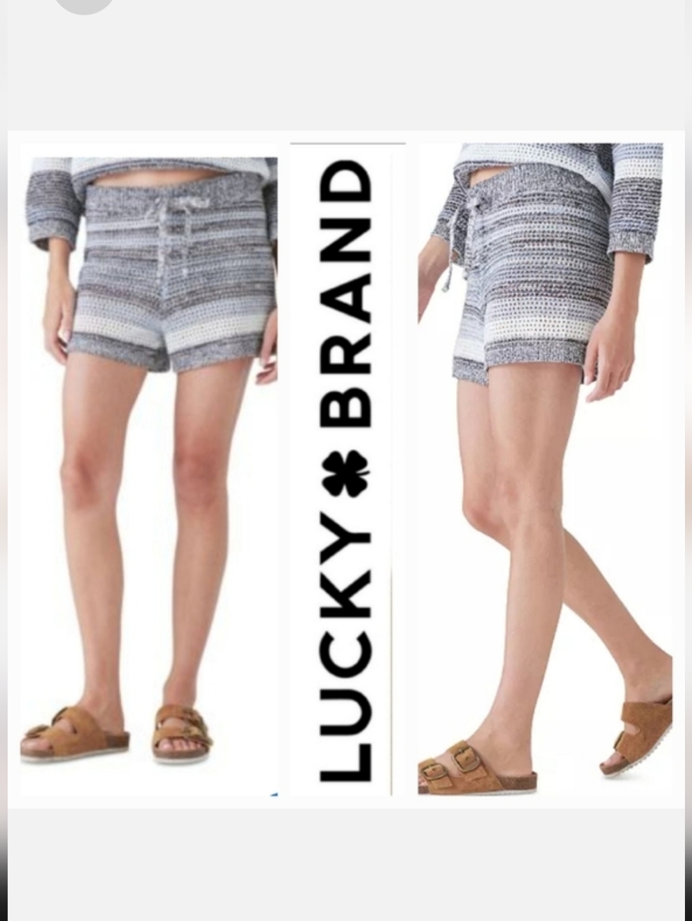 Lucky Brand Drawstring Knit Shorts Textured Heathered Blue Stripe Sz L NWT